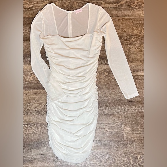 Pink Lily White Ruched Bodycon Dress L Sheer Mesh Long Sleeve Romantic - Picture 2 of 11